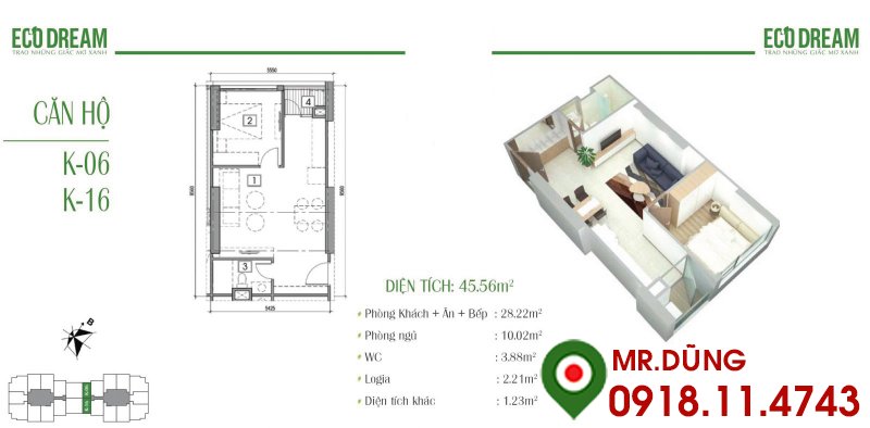 Thiết kế căn hộ K Eco Dream Nguyễn Xiển, diện tích 45m2 có 01 phòng ngủ