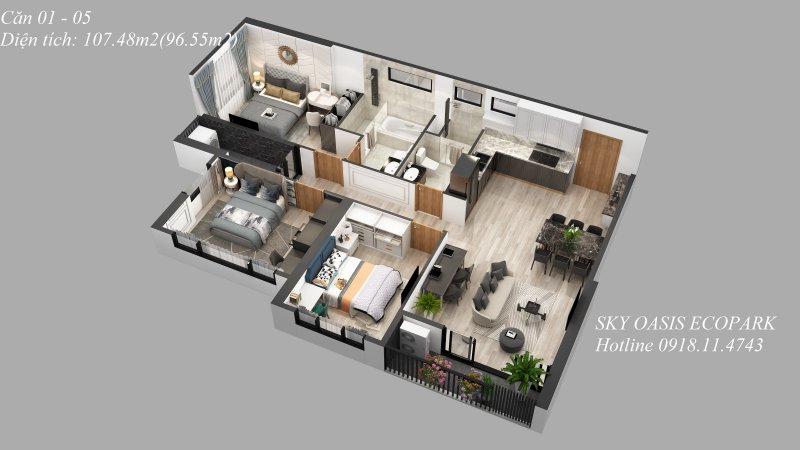 Căn 3 ngủ 01 05 Sky Oasis Residences Ecopark