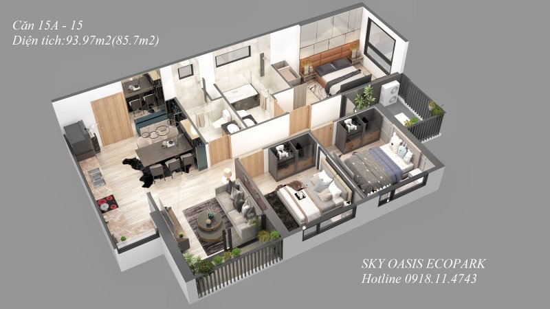 Căn 3 ngủ 15 15a Sky Oasis Residences Ecopark
