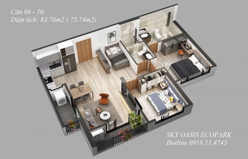 Căn 2 ngủ 06 10 Sky Oasis Residences Ecopark