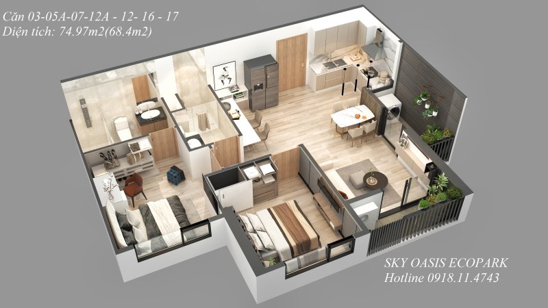 Căn 2 ngủ 03 05a 07 12 12A 16 17 Sky Oasis Residences Ecopark
