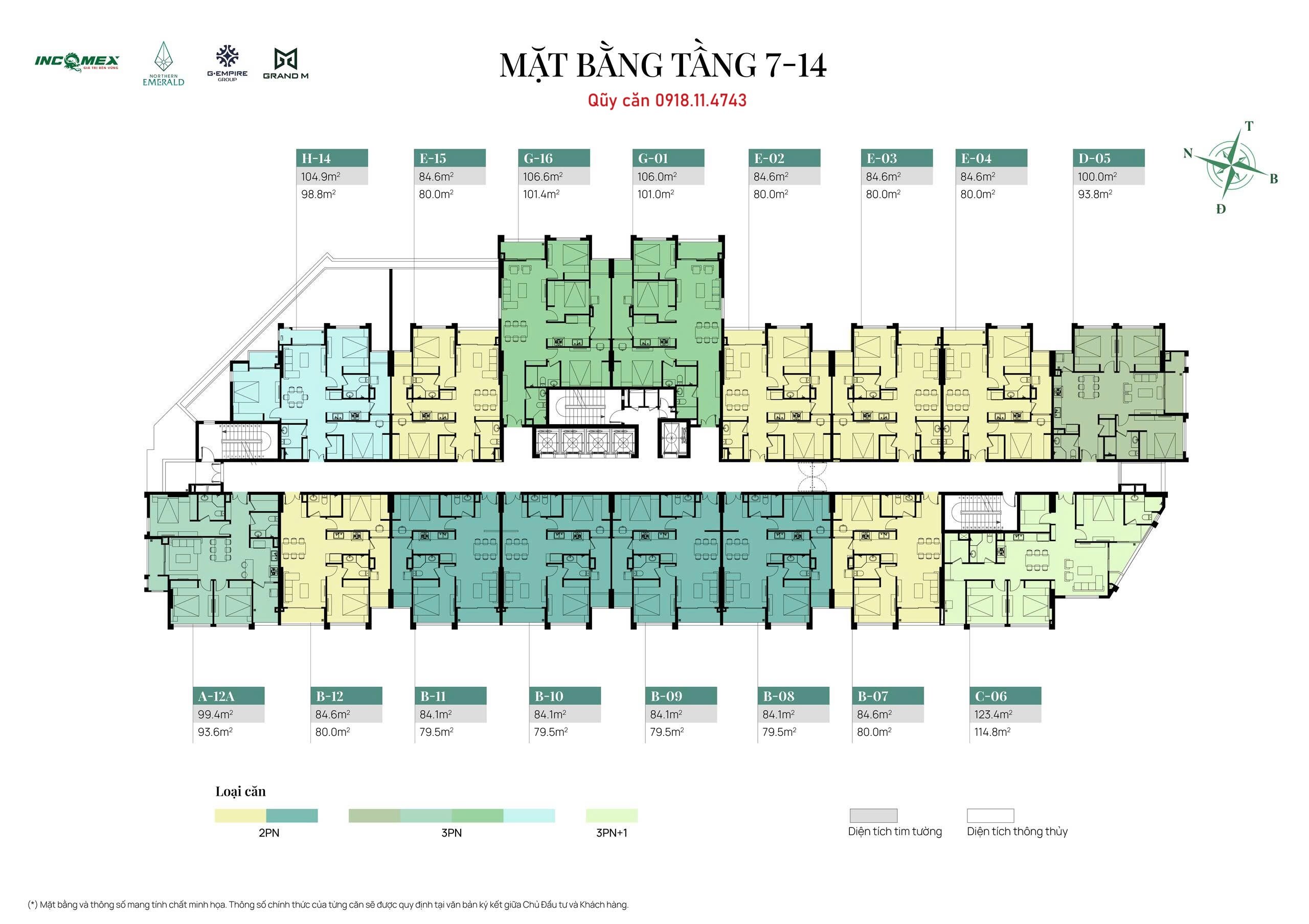 Mặt bằng tầng 7-14 North Emerald Vĩnh Tuy